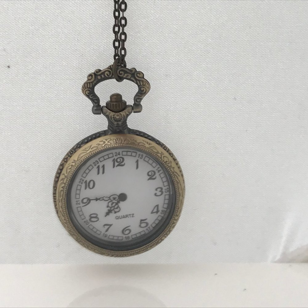 Pocket Watch Necklace Quartz Analog Brass Tone - Picture 9 of 12